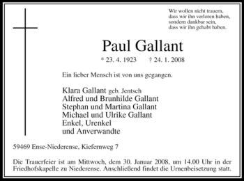 Traueranzeige von Paul Gallant von Tageszeitung