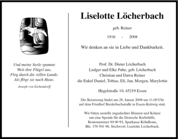Traueranzeige von Liselotte Löcherbach von Tageszeitung