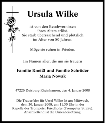 Traueranzeige von Ursula Wilke von Tageszeitung