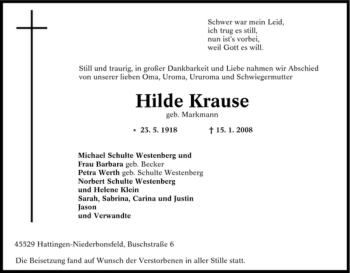 Traueranzeige von Hilde Krause von Tageszeitung