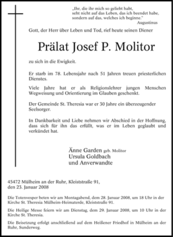 Traueranzeige von Josef P. Molitor von Tageszeitung