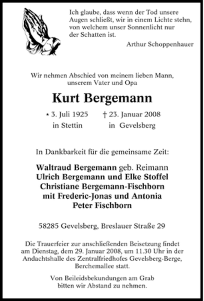  Traueranzeige für Kurt Bergemann vom 26.01.2008 aus Tageszeitung