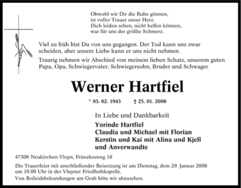 Traueranzeige von Werner Hartfiel von Tageszeitung
