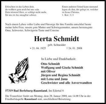 Traueranzeige von Herta Schmidt von Tageszeitung