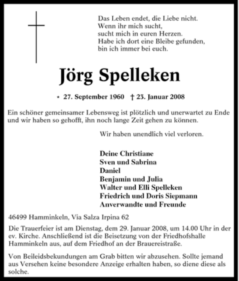  Traueranzeige für Jörg Spelleken vom 26.01.2008 aus Tageszeitung