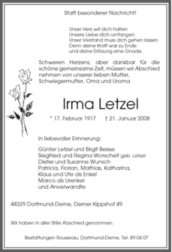 Traueranzeige von Irma Letzel von Tageszeitung