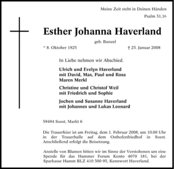 Traueranzeige von Esther Johanna Haverland von Tageszeitung