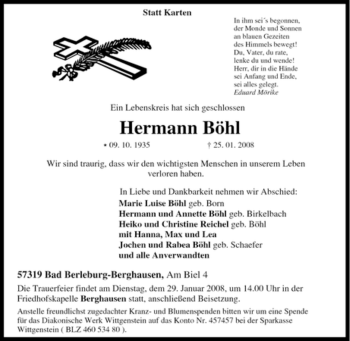 Traueranzeige von Hermann Böhl von Tageszeitung