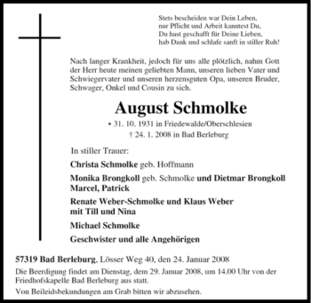Traueranzeige von August Schmolke von Tageszeitung
