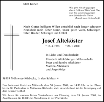 Traueranzeige von Josef Alteköster von Tageszeitung