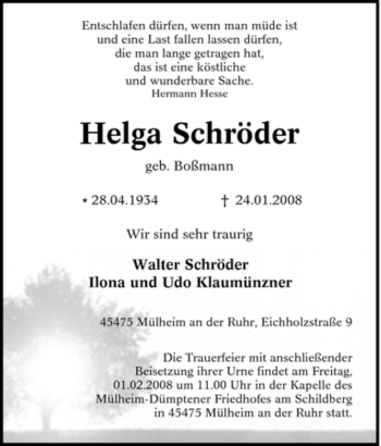 Traueranzeige von Helga Schröder von Tageszeitung