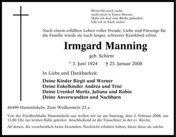 Traueranzeige von Irmgard Manning von Tageszeitung