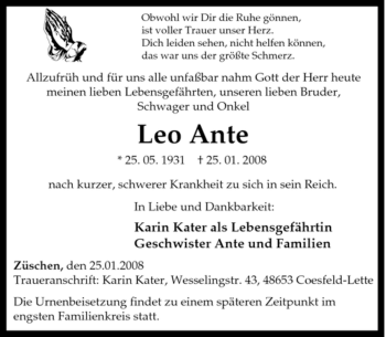 Traueranzeige von Leo Ante von Tageszeitung