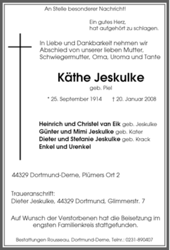 Traueranzeige von Käthe Jeskulke von Tageszeitung