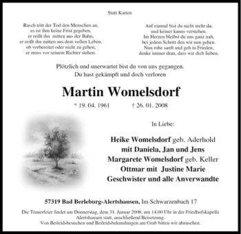 Traueranzeige von Martin Womelsdorf von Tageszeitung