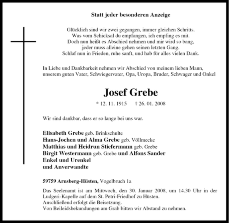  Traueranzeige für Josef Grebe vom 28.01.2008 aus Tageszeitung