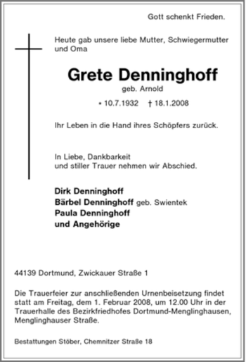 Traueranzeige von Grete Denninghoff von Tageszeitung
