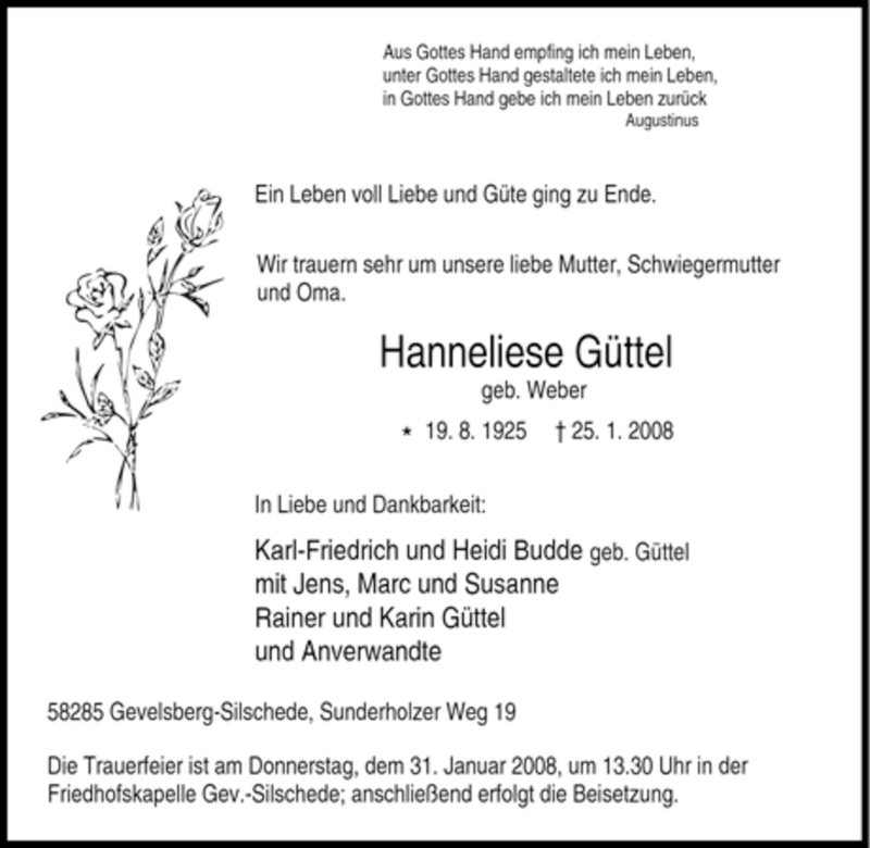  Traueranzeige für Hanneliese Güttel vom 28.01.2008 aus Tageszeitung