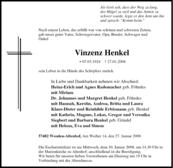 Traueranzeige von Vinzenz Henkel von Tageszeitung