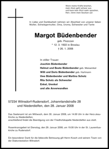 Traueranzeige von Margot Büdenbender von Tageszeitung