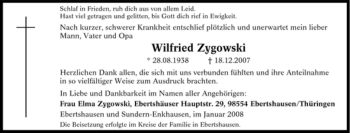 Traueranzeige von Wilfried Zygowski von Tageszeitung