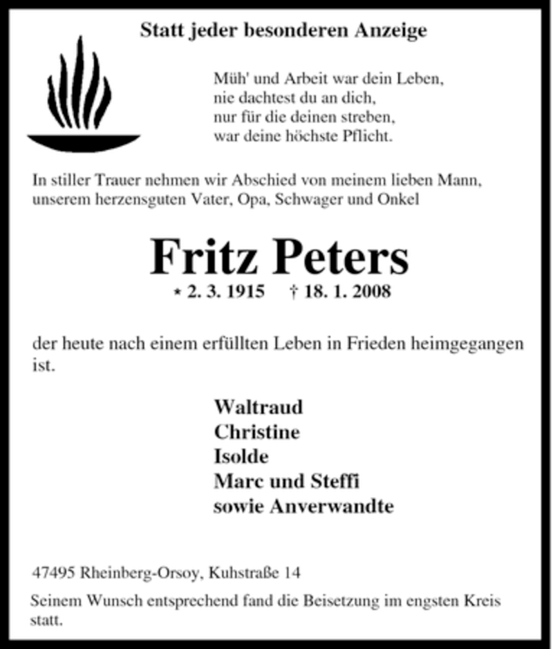  Traueranzeige für Fritz Peters vom 29.01.2008 aus Tageszeitung