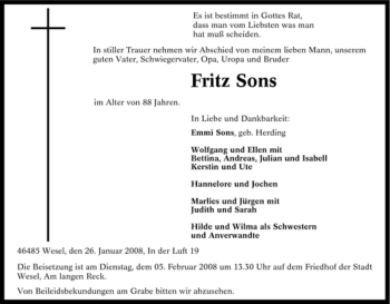 Traueranzeige von Fritz Sons von Tageszeitung