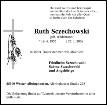 Traueranzeige von Ruth Sczechowski von Tageszeitung