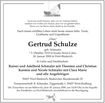 Traueranzeige von Gertrud Schulze von Tageszeitung