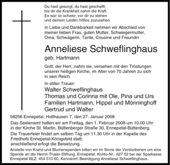 Traueranzeige von Anneliese Schweflinghaus von Tageszeitung