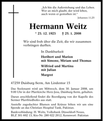 Traueranzeige von Hermann Weitz von Tageszeitung
