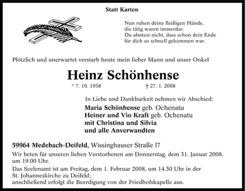  Traueranzeige für Heinz Schönhense vom 29.01.2008 aus Tageszeitung