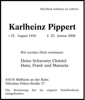 Traueranzeige von Karlheinz Pippert von Tageszeitung