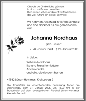 Traueranzeige von Johanna Nordhaus von Tageszeitung