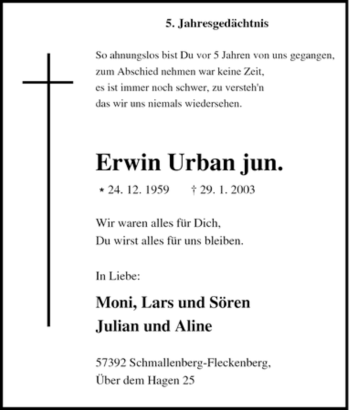 Traueranzeige von Erwin Urban von Tageszeitung