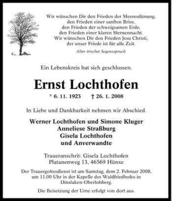 Traueranzeige von Ernst Lochthofen von Tageszeitung