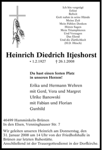 Traueranzeige von Heinrich Diedrich Itjeshorst von Tageszeitung