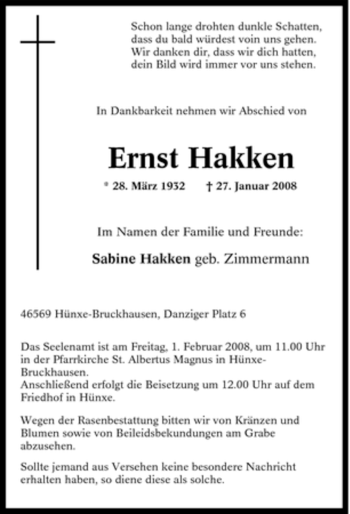 Traueranzeige von Ernst Hakken von Tageszeitung
