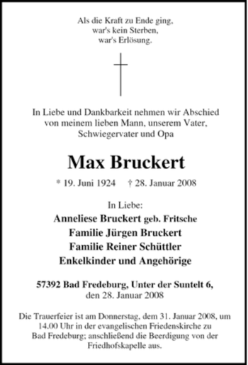 Traueranzeige von Max Bruckert von Tageszeitung