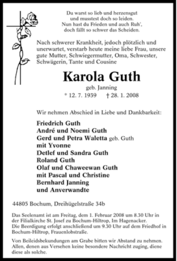 Traueranzeige von Karola Guth von Tageszeitung