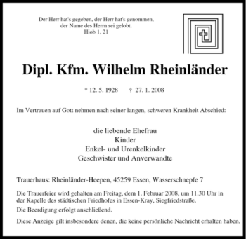 Traueranzeige von Wilhelm Rheinländer von Tageszeitung