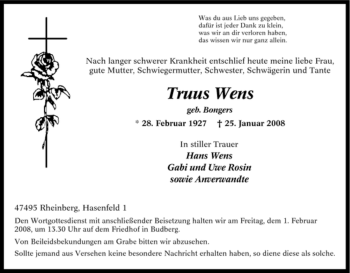 Traueranzeige von Truus Wens von Tageszeitung