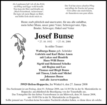 Traueranzeige von Josef Bunse von Tageszeitung