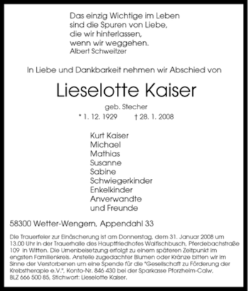 Traueranzeige von Lieselotte Kaiser von Tageszeitung