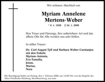 Traueranzeige von Myriam Annelene Mertens-Weber von Tageszeitung
