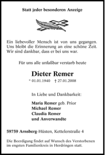 Traueranzeige von Dieter Remer von Tageszeitung