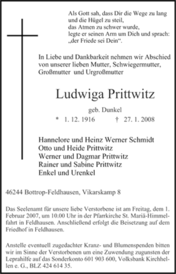 Traueranzeige von Ludwiga Prittwitz von Tageszeitung