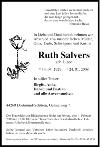 Traueranzeige von Ruth Salvers von Tageszeitung
