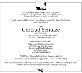Traueranzeige von Gertrud Schulze von Tageszeitung