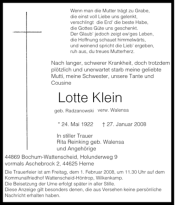 Traueranzeige von Lotte Klein von Tageszeitung